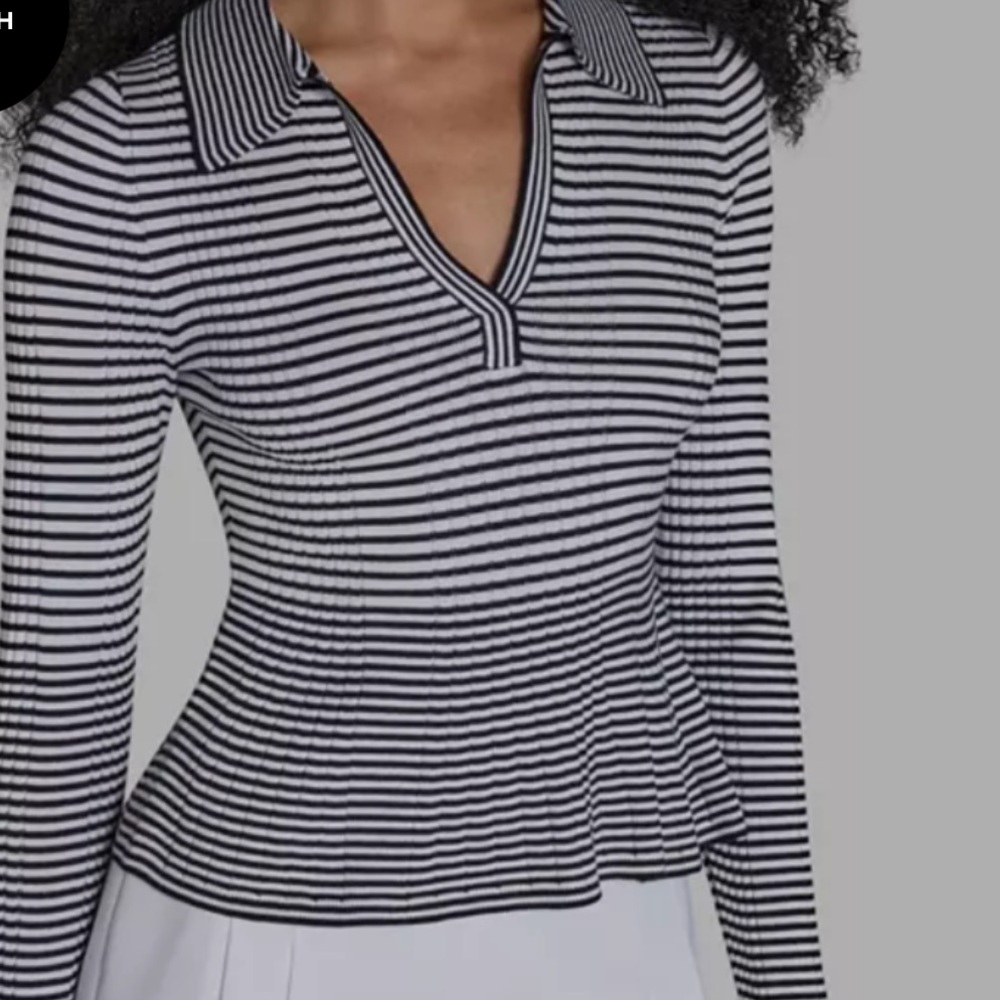 BCBGMaxAzria Black and White Striped Long Sleeve‎ Polo Top size Large. NWT
